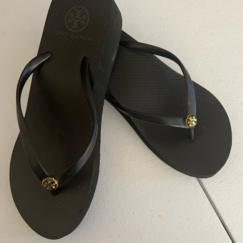 Tory Burch Black Sandals with Gold Emblem